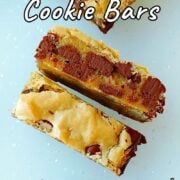 Chocolate chip cookie bars, cut in half. One rests normally to show the shiny top; the other is on its side to show the interior texture. Text overlay for Pinterest reads: "Chocolate Chip Cookie Bars. Soft & Gooey! Easy As Cookies."