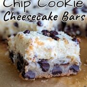 Chocolate chip cookie cheesecake bars, cut into squares and seen close up from the side to show texture. Text overlay for Pinterest reads: "Chocolate Chip Cookie Cheesecake Bars. Rich & Creamy. Easy As Cookies."