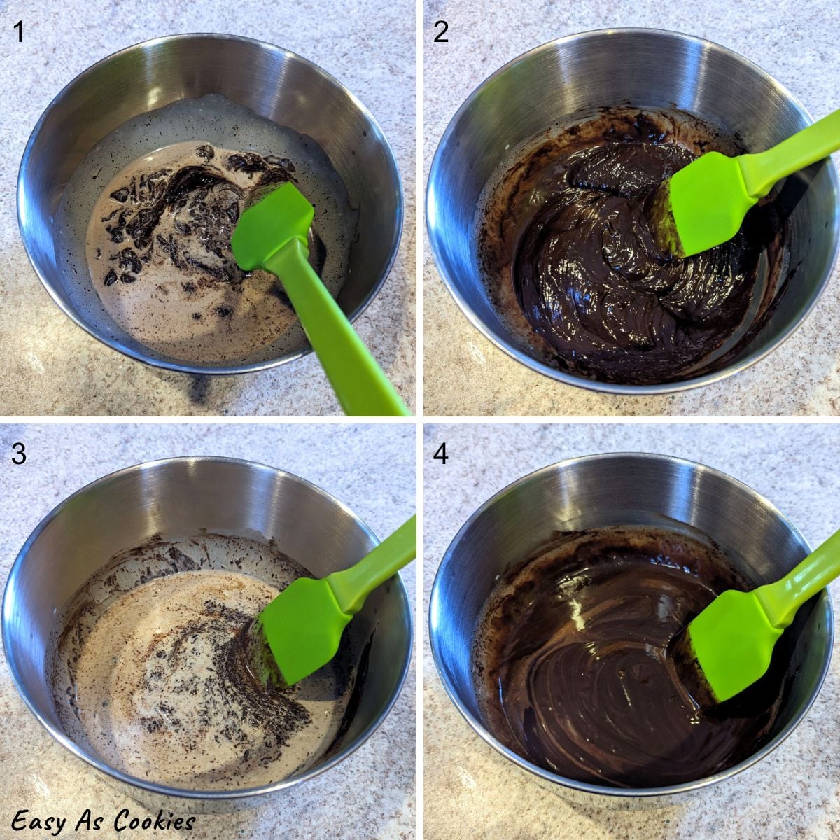 A numbered collage showing mixing ganache. 1. Heated cream added to chocolate, beginning stages of stirring in spirals from middle to edge. 2. Continuing stirring until relatively mixed. 3. Adding remaining hot cream and stirring in spirals again. 4. Smooth melted chocolate ganache. Text at bottom reads "Easy As Cookies."