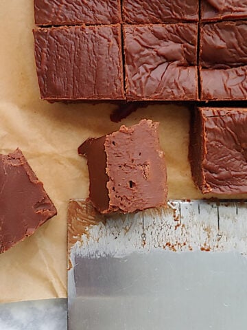 Homemade chocolate fudge, cut into squares. One square is on its side to show texture.