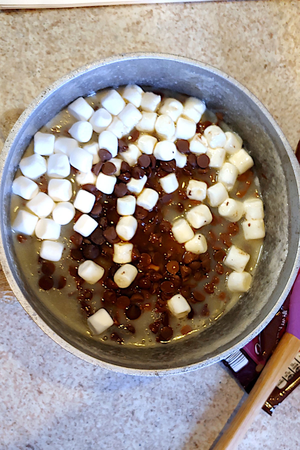 Milk syrup with mini marshmallows and chocolate chips added.