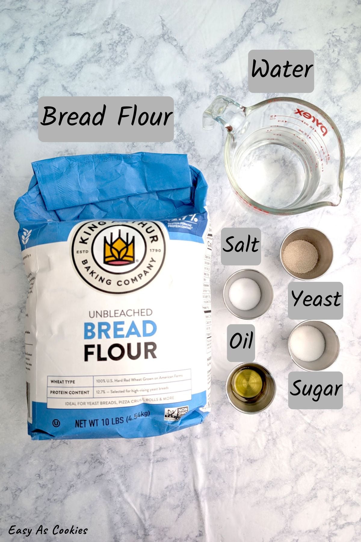 A labeled photo showing ingredients for Homemade Italian Bread: a bag of bread flour, water, table salt, dry yeast, olive oil, and granulated sugar.