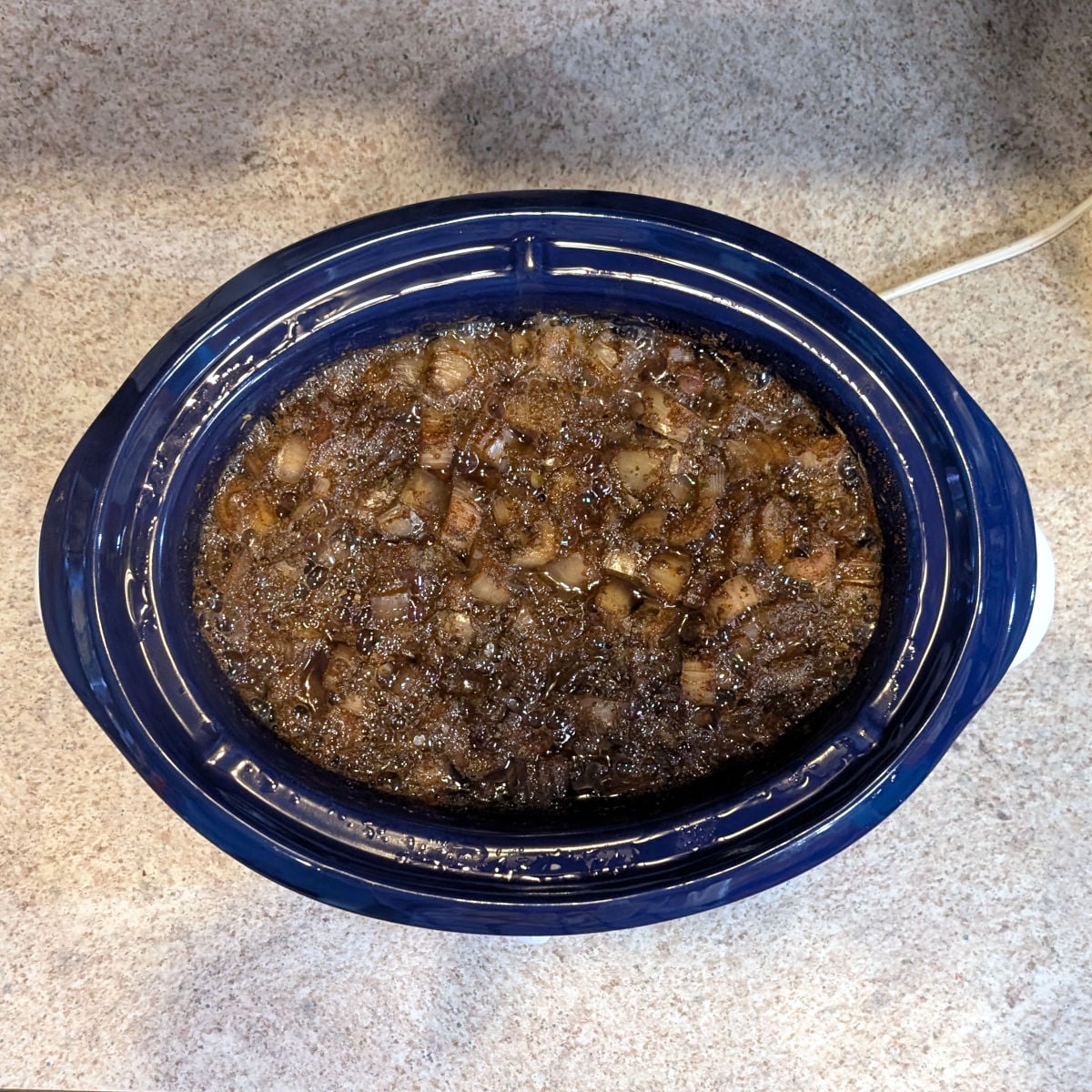 Southwestern bean and barley soup, in a 4-quart slow cooker after 6 hours of cooking on low.