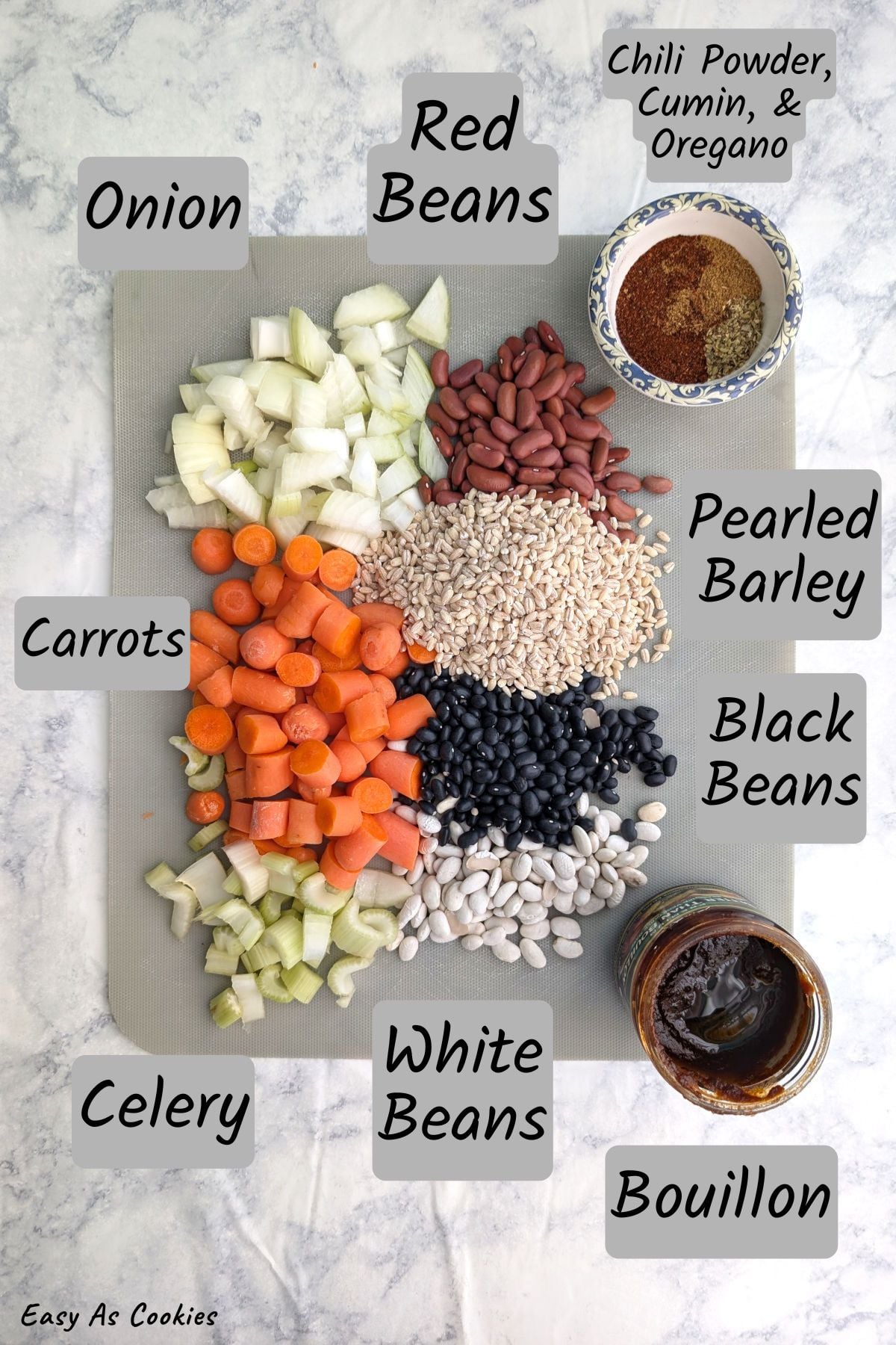 A labeled photo of ingredients for Southwestern Bean and Barley soup, which includes onion, carrots, celery, red beans, pearled barley, red beans, white beans, chili powder, cumin, oregano, and bouillon.