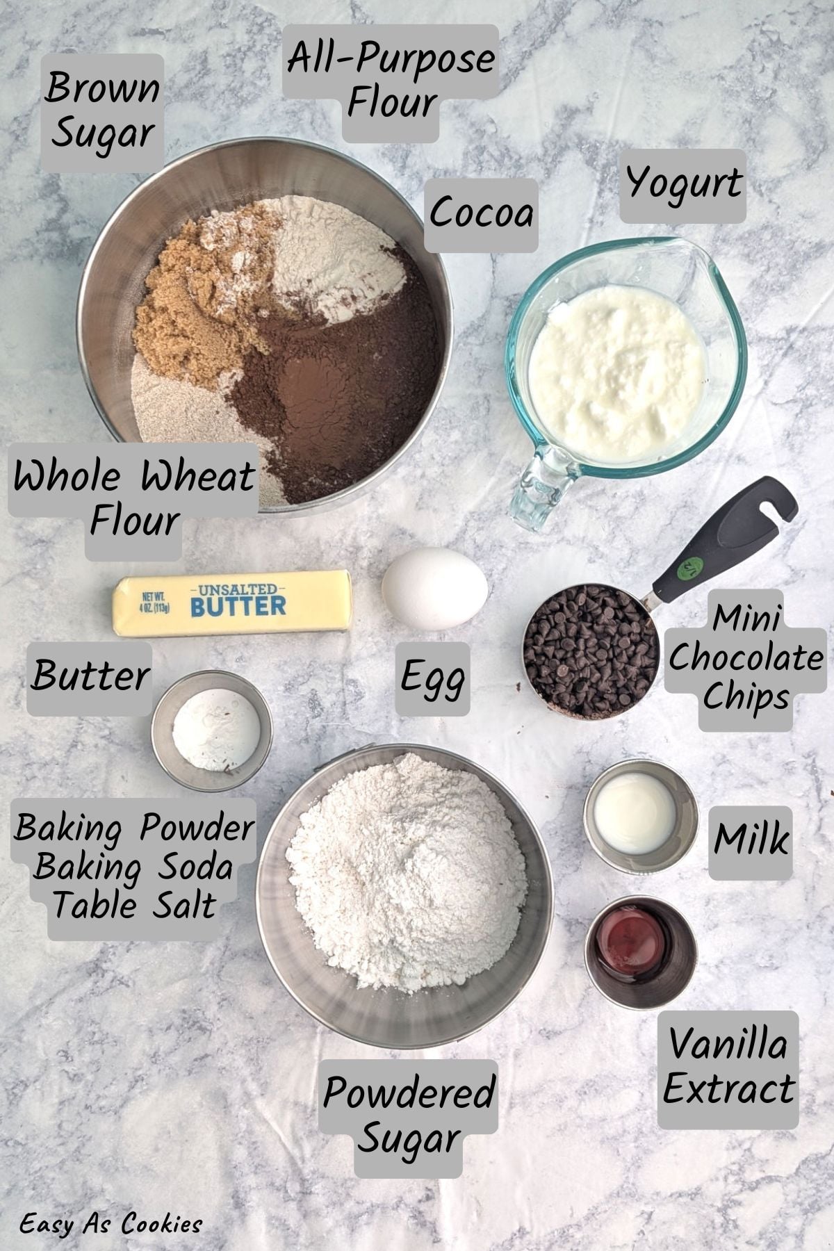 A labeled image with ingredients for double chocolate scones, including: brown sugar, all-purpose flour, whole wheat flour, cocoa powder, yogurt, butter, an egg, baking powder, baking soda, table salt, powdered sugar, milk, and vanilla extract. Text at the bottom reads "Easy As Cookies" as the source.