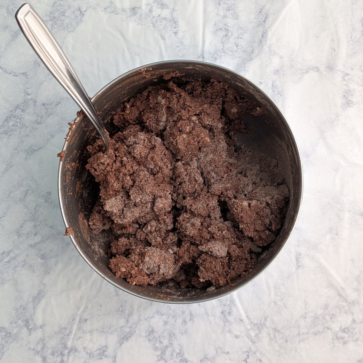 Double chocolate scone dough, in a bowl.