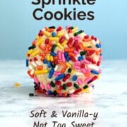 A vertical Pinterest recipe pin for "Tender Sprinkle Cookies." The top half features the title in a bold, dark brown font against a light blue background. The center shows a close-up of a soft cookie completely covered in vibrant rainbow sprinkles, sitting on a white marble surface. The bottom half contains the descriptive text: "Soft & Vanilla-y, Not Too Sweet, Freezer-Friendly" in a stylish, dark brown script. The "Easy As Cookies" logo is in the bottom left corner.
