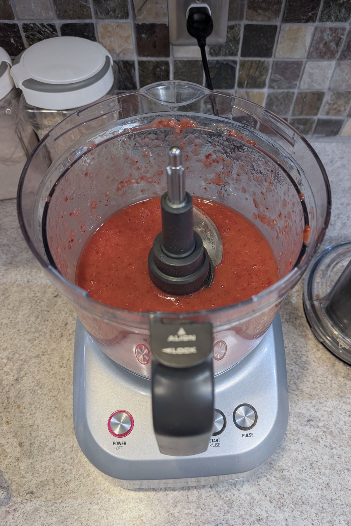Strawberry puree in a food processor.