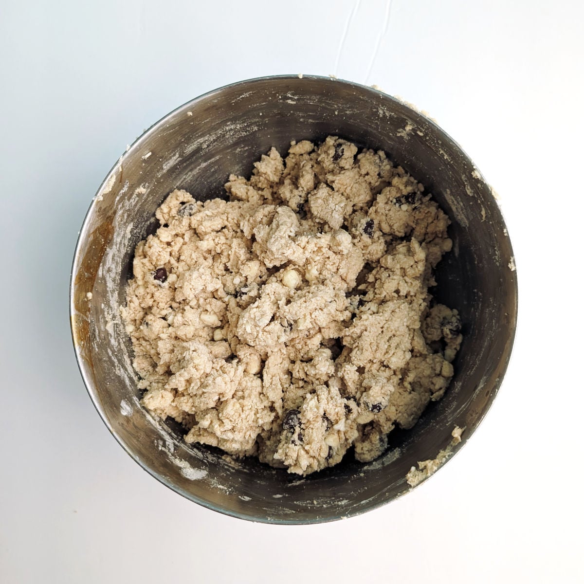 Chocolate chip cookie scone dough, in a bowl.