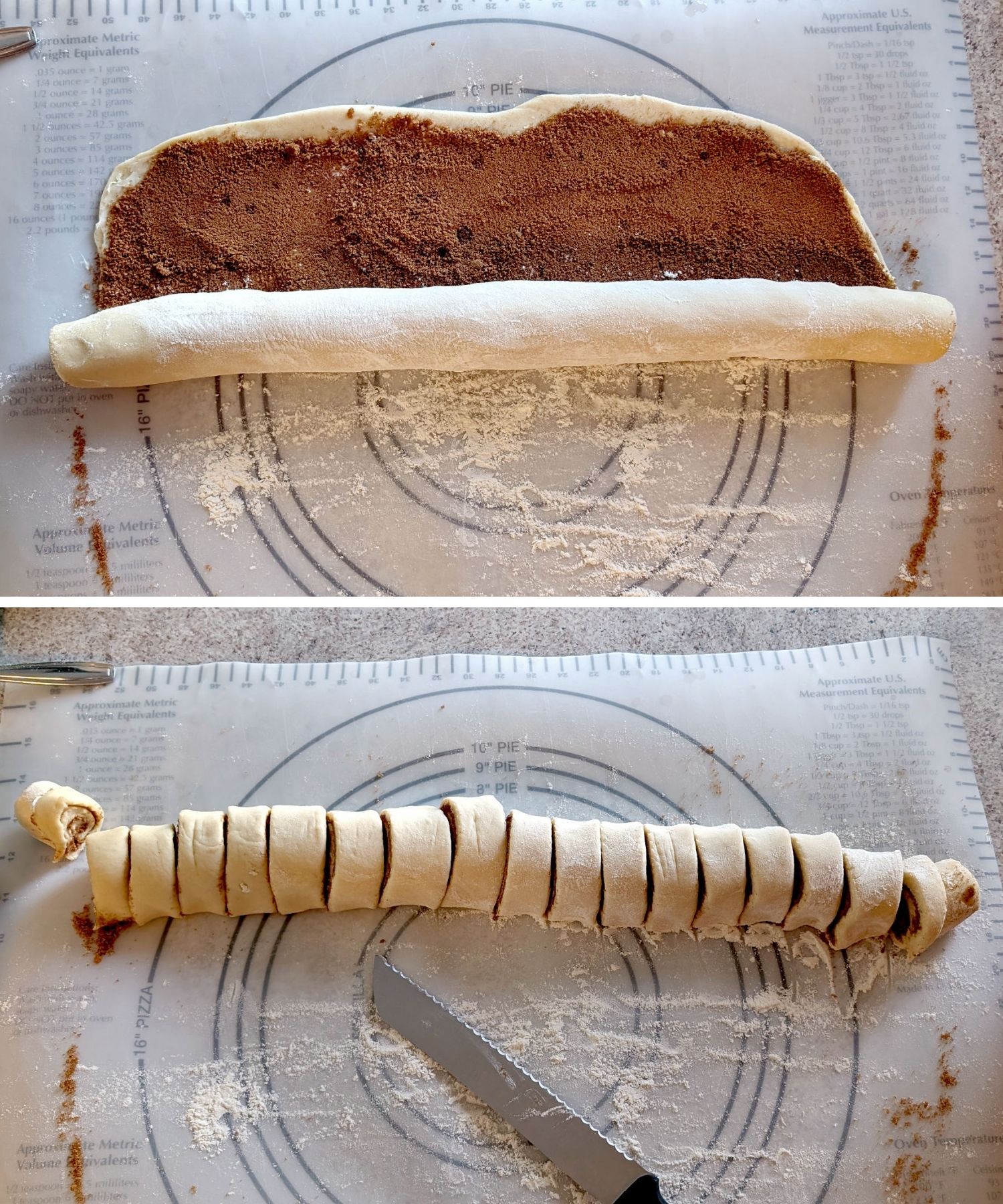 Photo collage of cinnamon roll dough rolled up into a log, then sliced into individual buns.