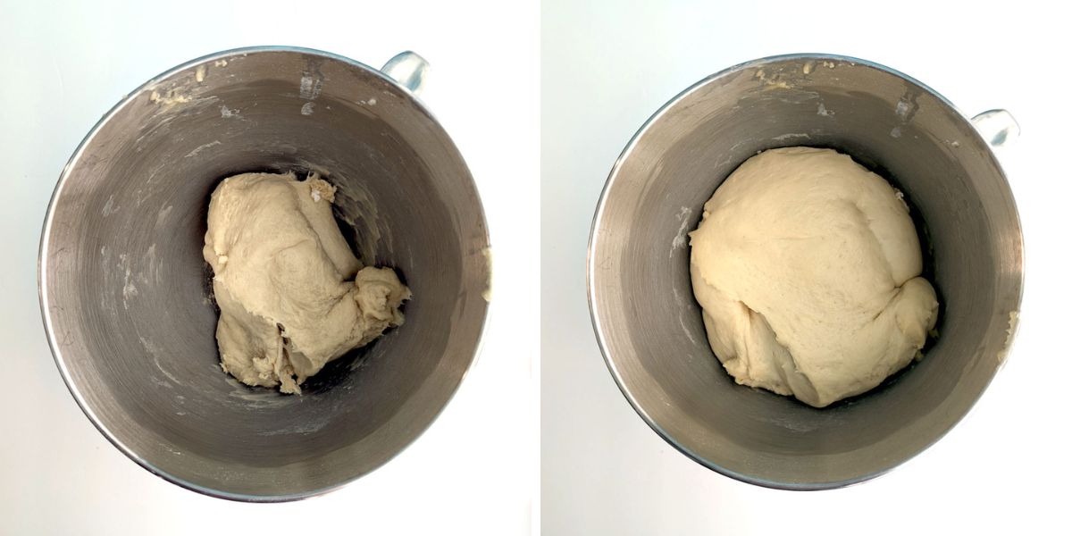 Cinnamon roll dough in a bowl, before and after proofing.