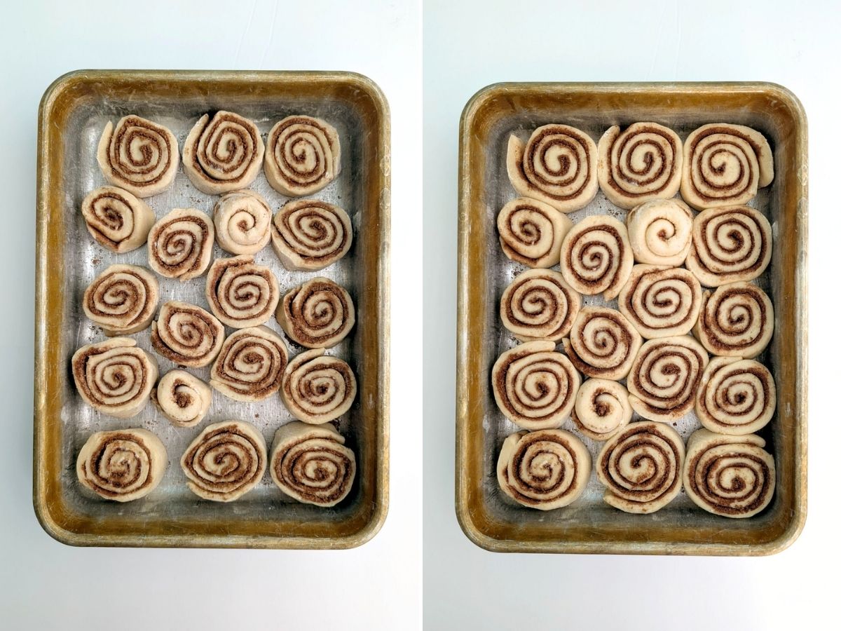 Sliced cinnamon rolls in a 9x13 inch pan, before and after rising.