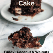 Bite of earthquake cake on a fork. Text overlay reads "Earthquake Cake. Fudgy. Coconut & Walnuts."