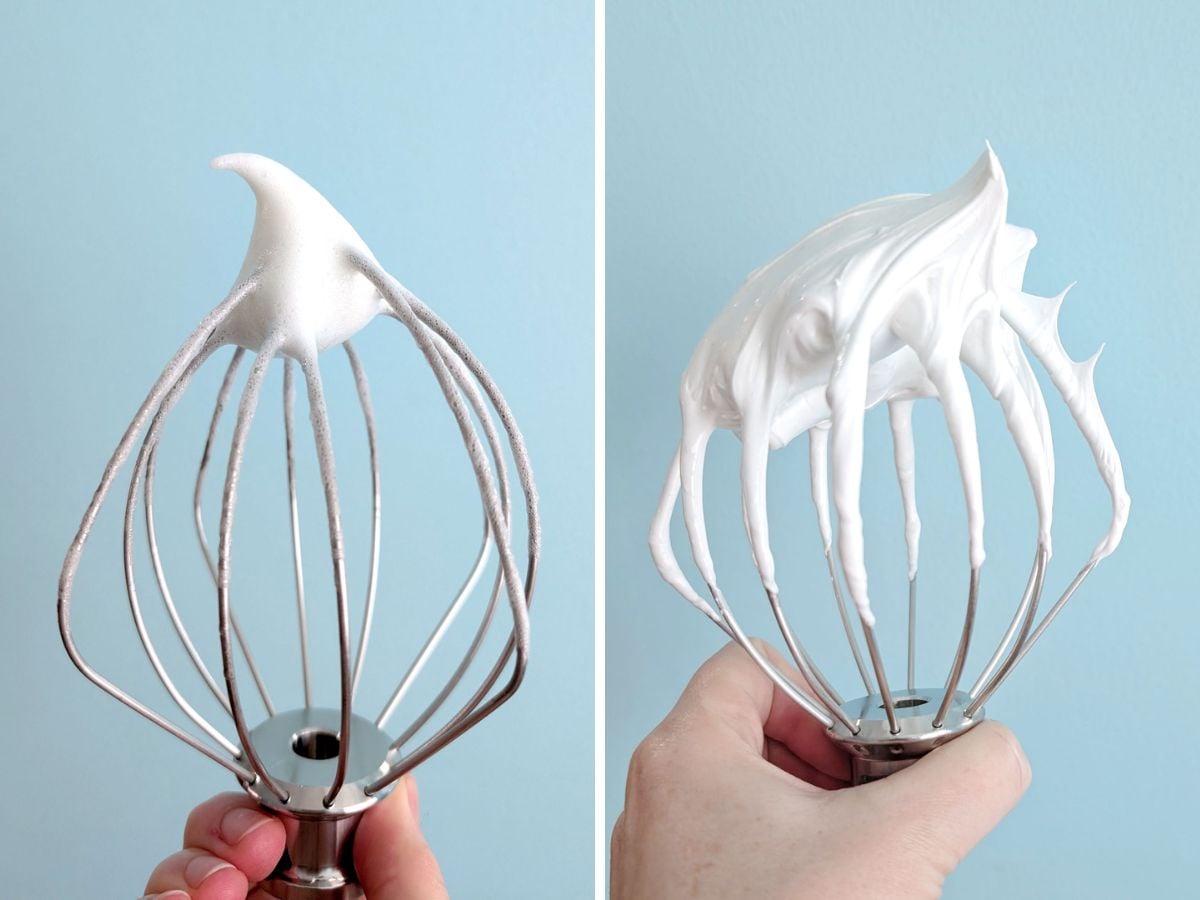 Collage comparing egg white soft peaks and stiff peaks on the whisk. The glossy stiff peaks have sugar added.