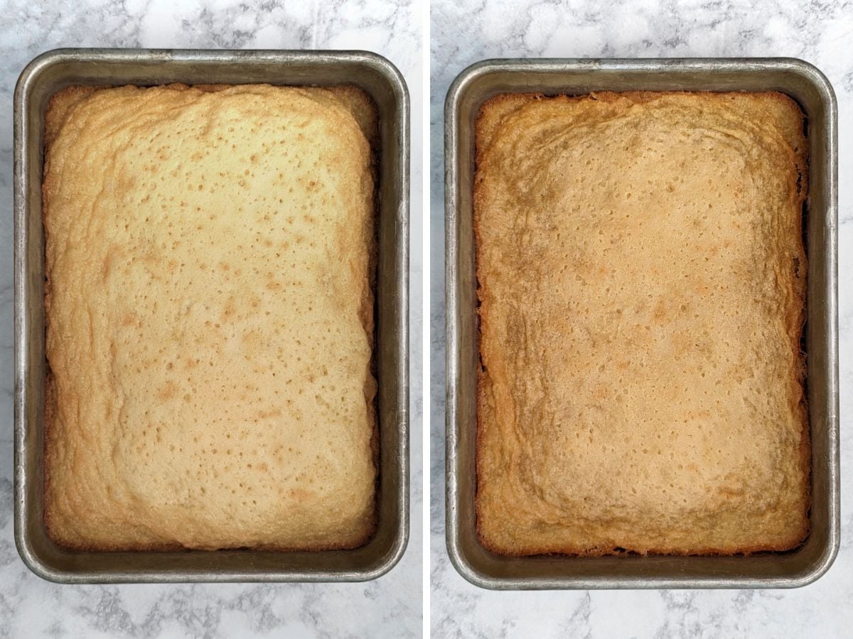 Side by side image of gooey butter cake fresh from the oven, and then deflated after it cooled.