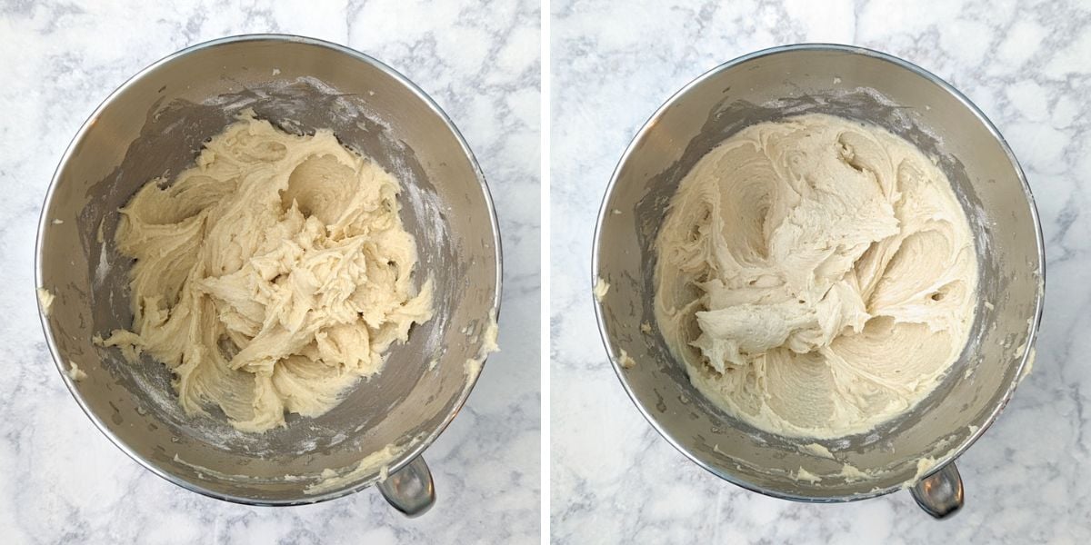 Gooey butter cake topping, before and after beating.