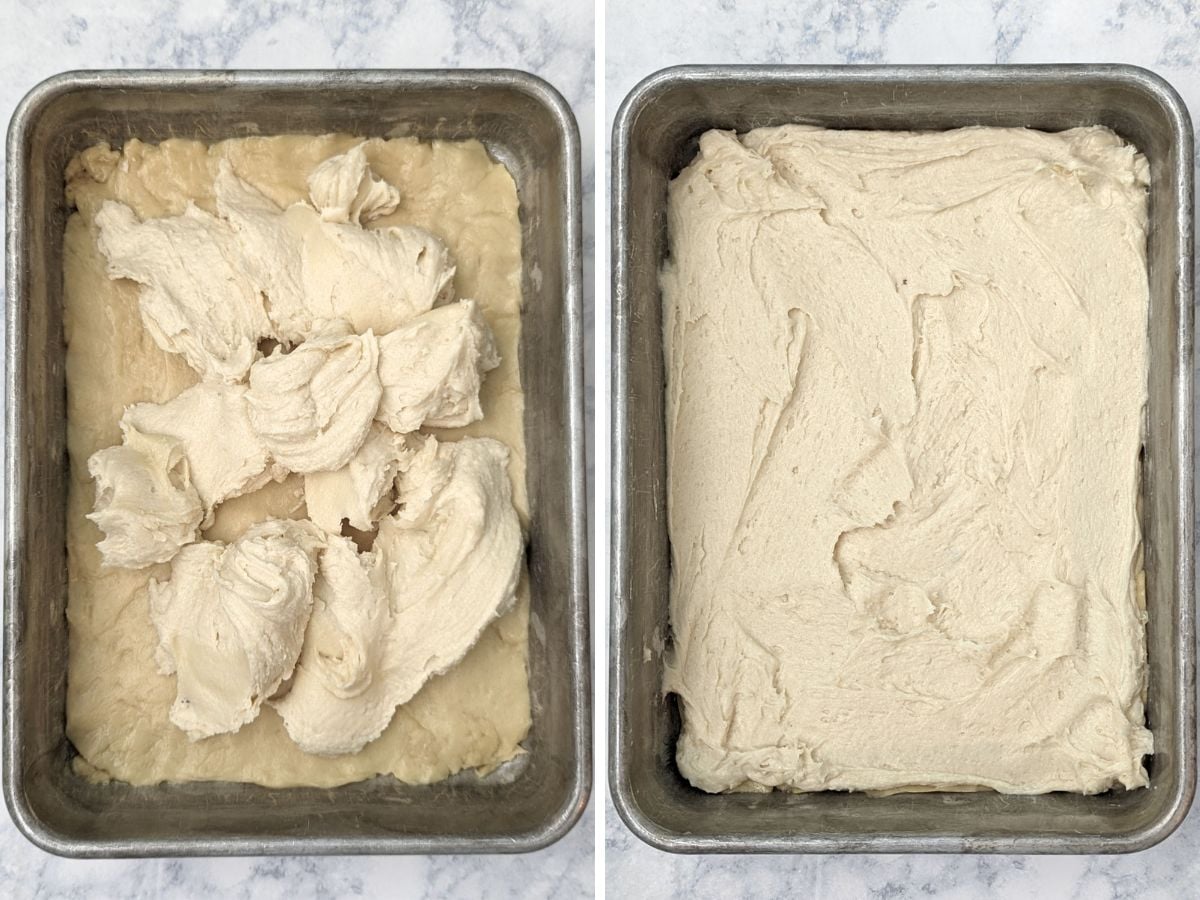 Side by side image of gooey butter cake topping dolloped on yeasted cake base, then spread out.