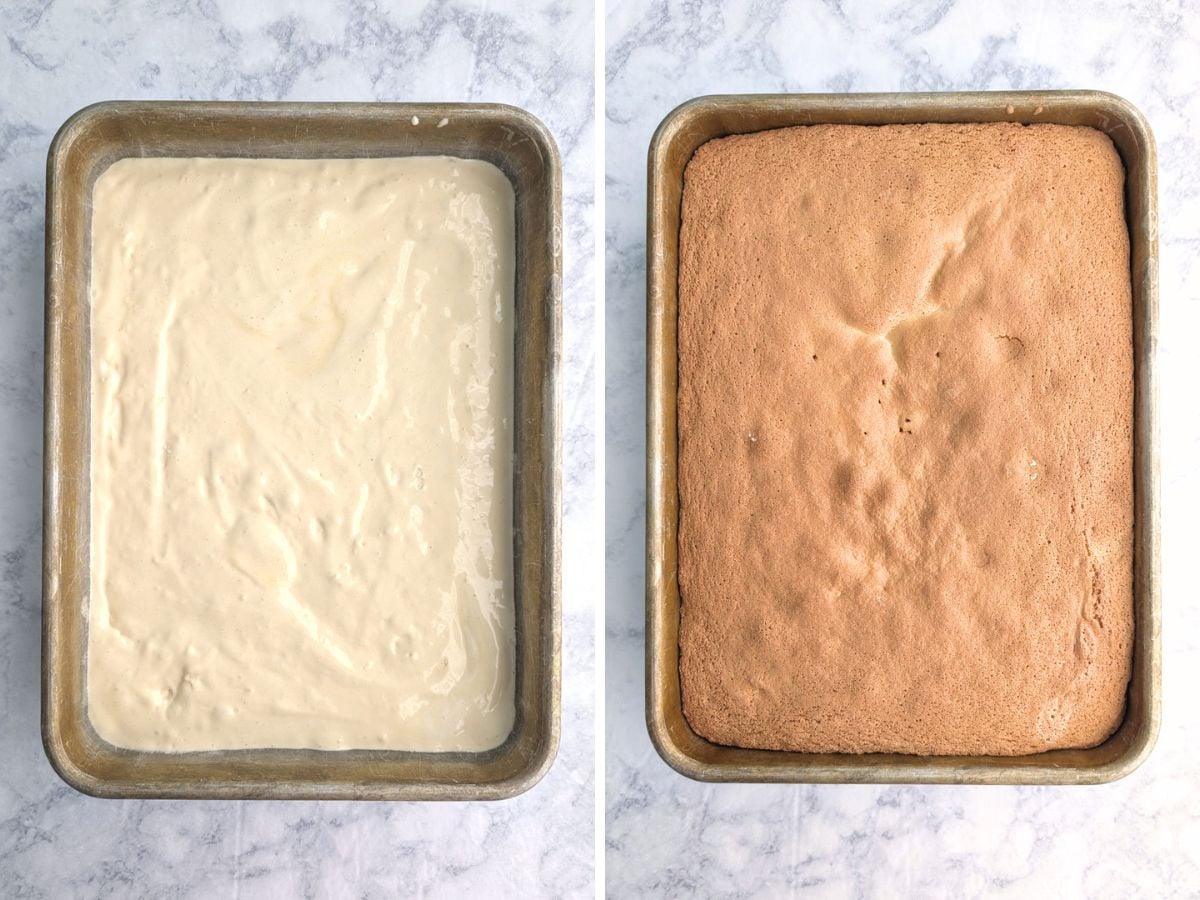 Sponge cake for Tres Leches Cake, before and after baking.