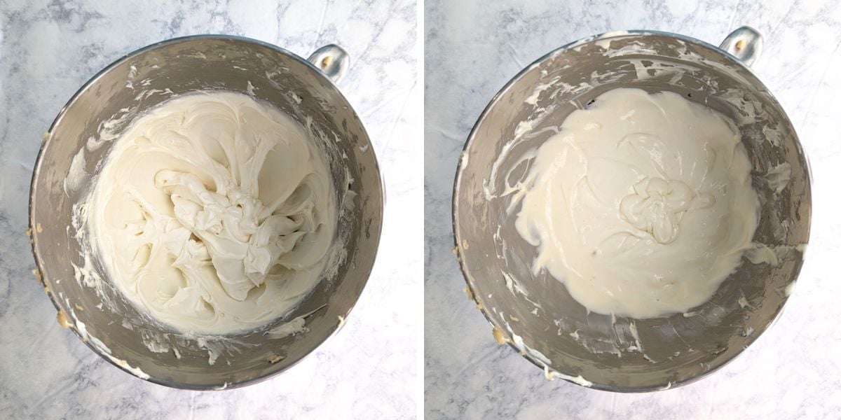 Beaten cream cheese and sugar for cheesecake bars in a bowl, next to a bowl with the finished batter.