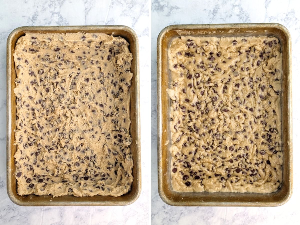 Chocolate chip cookie dough in a 9x13 inch pan, before and after parbaking.
