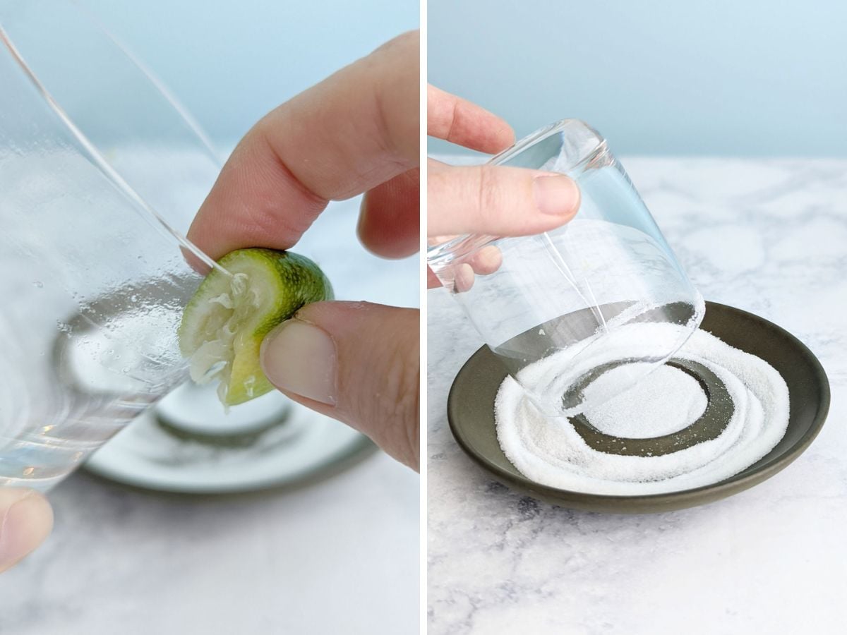 Collage of how to line a glass with sugar, showing wetting the glass with lime, and coating the edge in sugar.