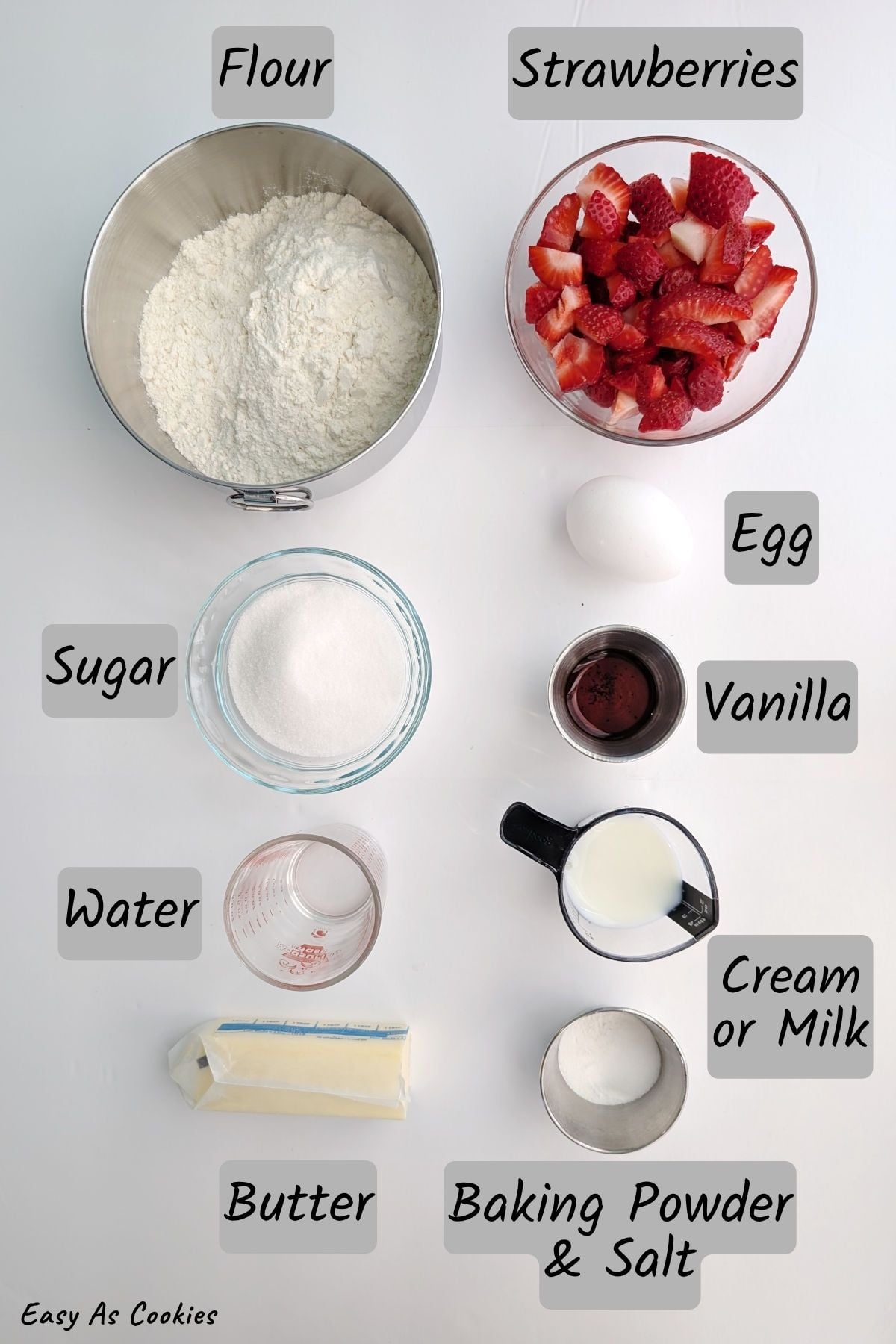 Labeled photo of ingredients for strawberry and cream scones, including flour, strawberries, sugar, egg, vanilla, water, butter, cream, butter, baking powder, and salt.