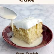 Milk pours from a spoon onto a plate holding a slice of Tres Leches Cake. Text overlay reads "Tres Leches Cake. From Scratch. Not-Too-Sweet. Easy As Cookies."