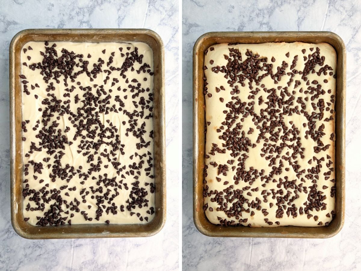 Chocolate chip cookie cheesecake bars, before and after baking.