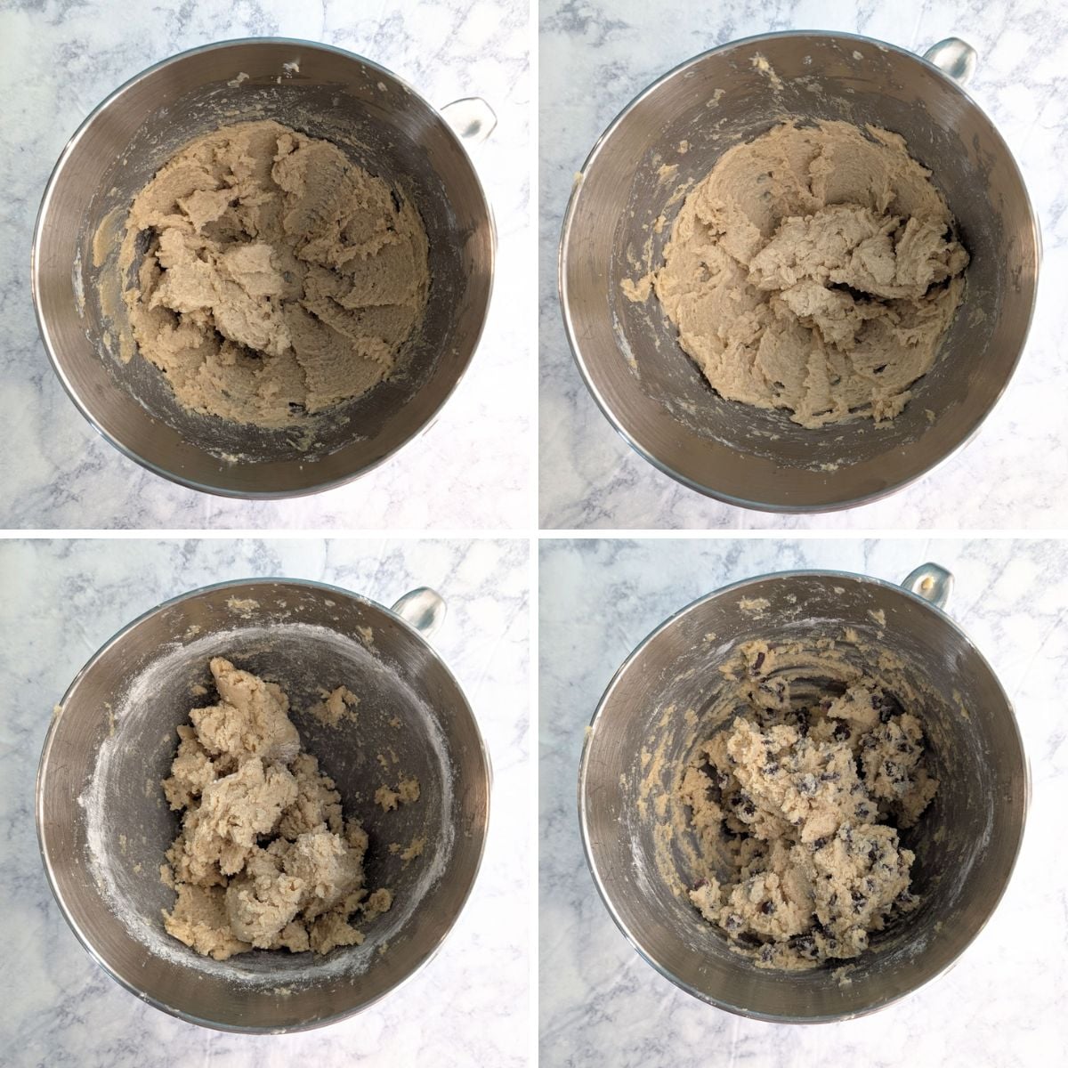 Collage of steps of making chocolate chip cookie dough.