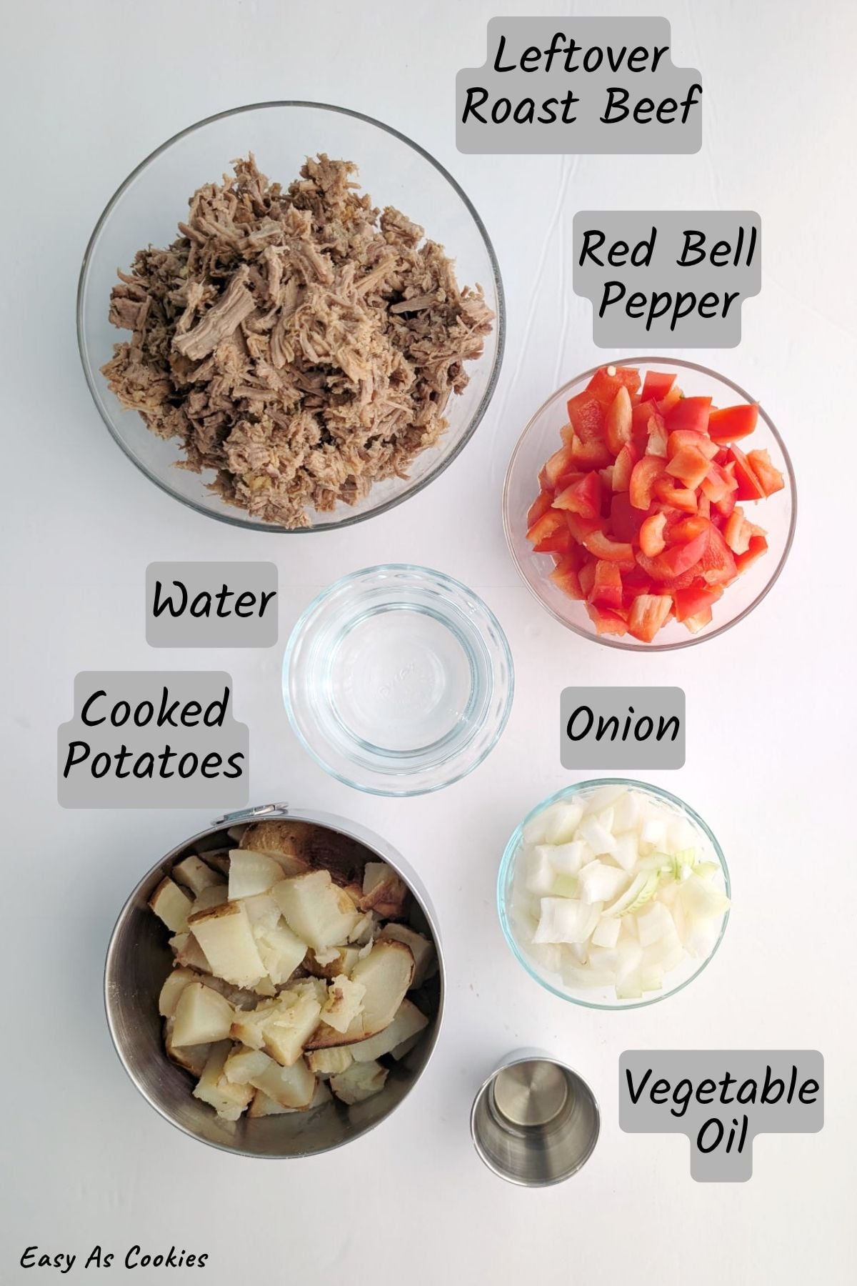 Labeled ingredients for roast beef hash, including leftover roast beef, water, cooked potatoes, red bell pepper, onion, and vegetable oil.