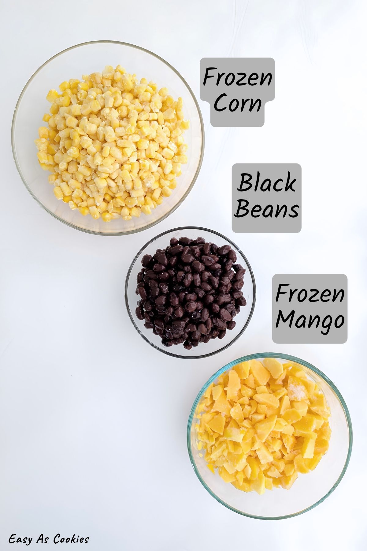 Labeled photo of ingredients for Corn and Black Beans with Mango, including frozen corn, canned black beans, and frozen mango.