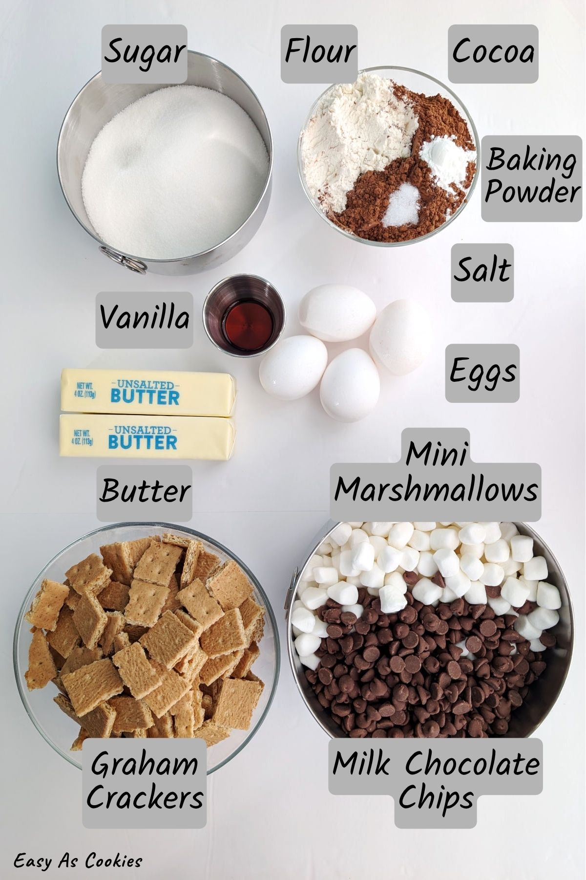 Labeled photo of ingredients for s'mores brownies, including: sugar, flour, cocoa powder, baking powder, salt, butter, eggs, vanilla, graham crackers, miniature marshmallows, and milk chocolate chips.