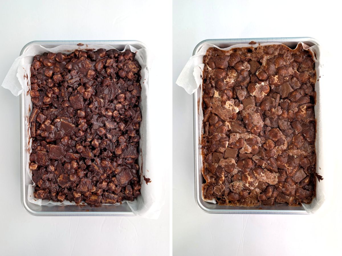 Photo collage of s'mores brownies in a 9x13 inch pan, before and after baking.