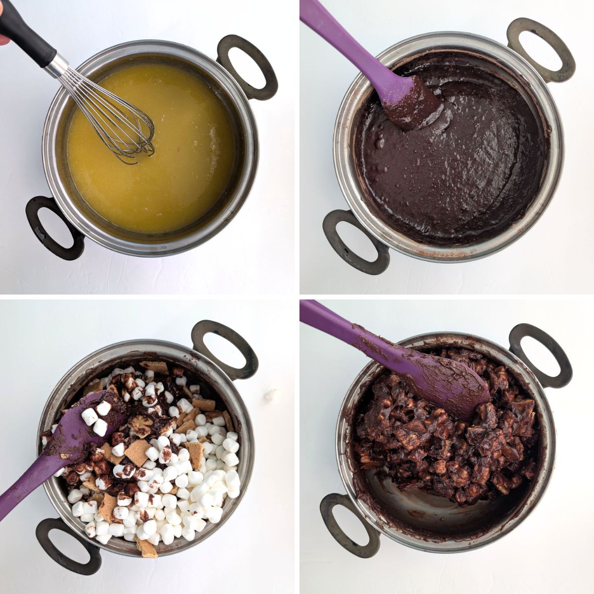 Photo collage of steps for making s'mores brownies, including wet ingredients mixed together; dry ingredients stirred in to make brownie batter; s'mores mix-ins being stirred in; and final batter in the mixing bowl.