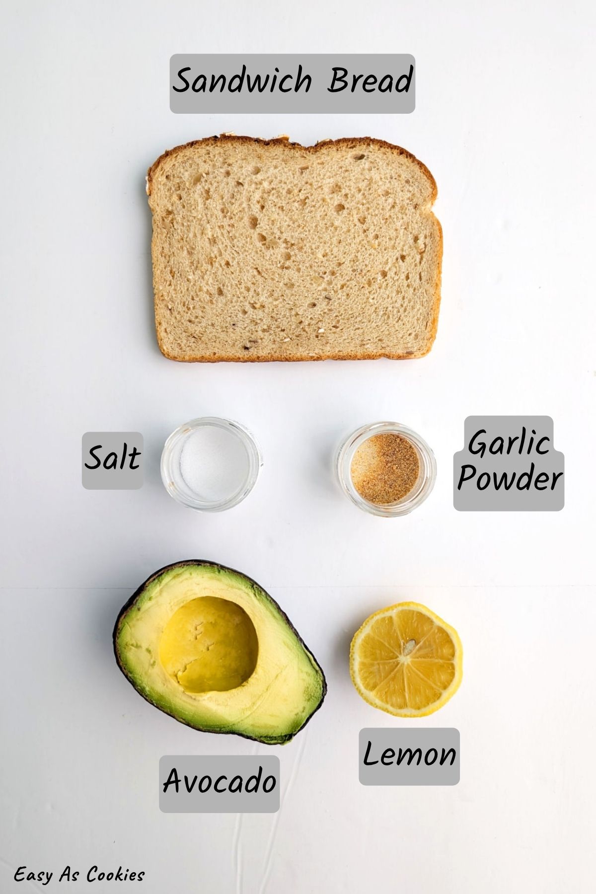 Labeled photo of ingredients for avocado toast, including a slice of sandwich bread, salt, garlic powder, half an avocado, and half a lemon.