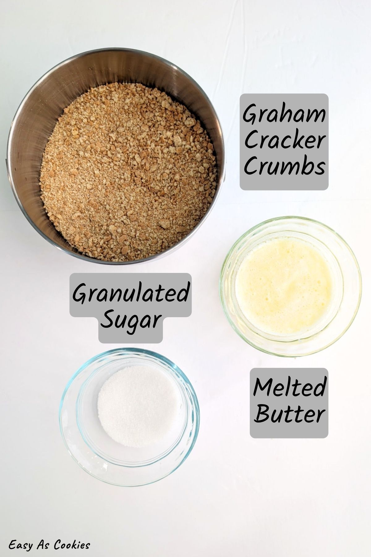 Labeled photo of ingredients for a classic homemade graham cracker crust, including graham cracker crumbs, granulated sugar, and melted butter.