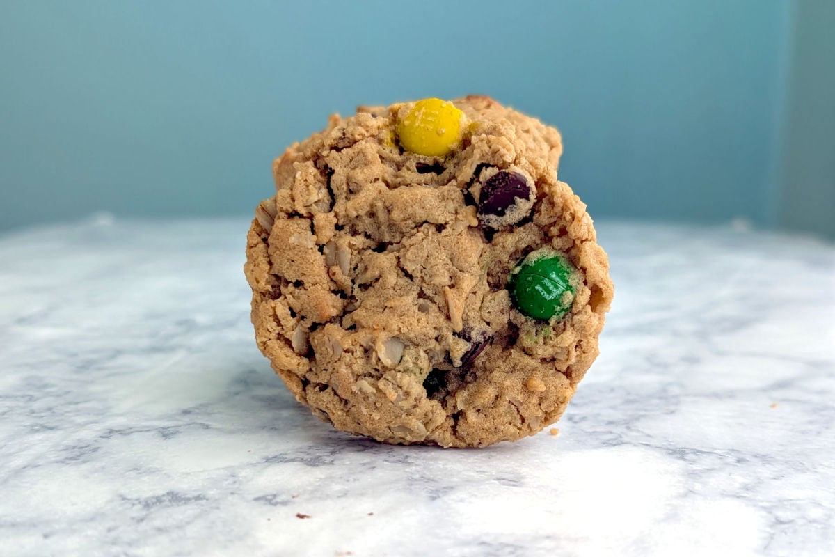 Top view of a flourless monster cookie.