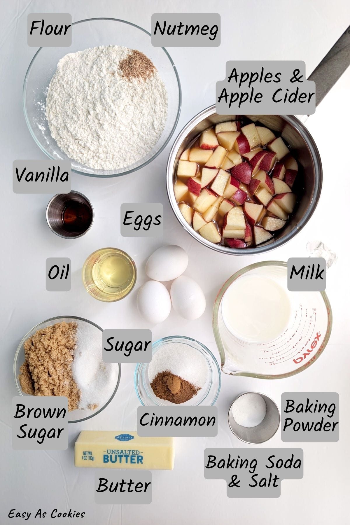 Labeled photo of ingredients for apple cider donut cake, including: flour, nutmeg, chopped apples, apple cider, butter, oil, vanilla, eggs, milk, brown sugar, granulated sugar, cinnamon, butter, baking powder, baking soda, and salt.