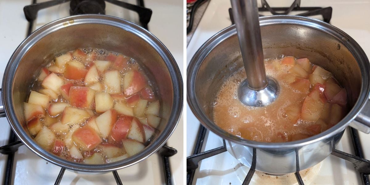 Two-panel collage of apples simmering in apple cider, and the mixture being pureed.