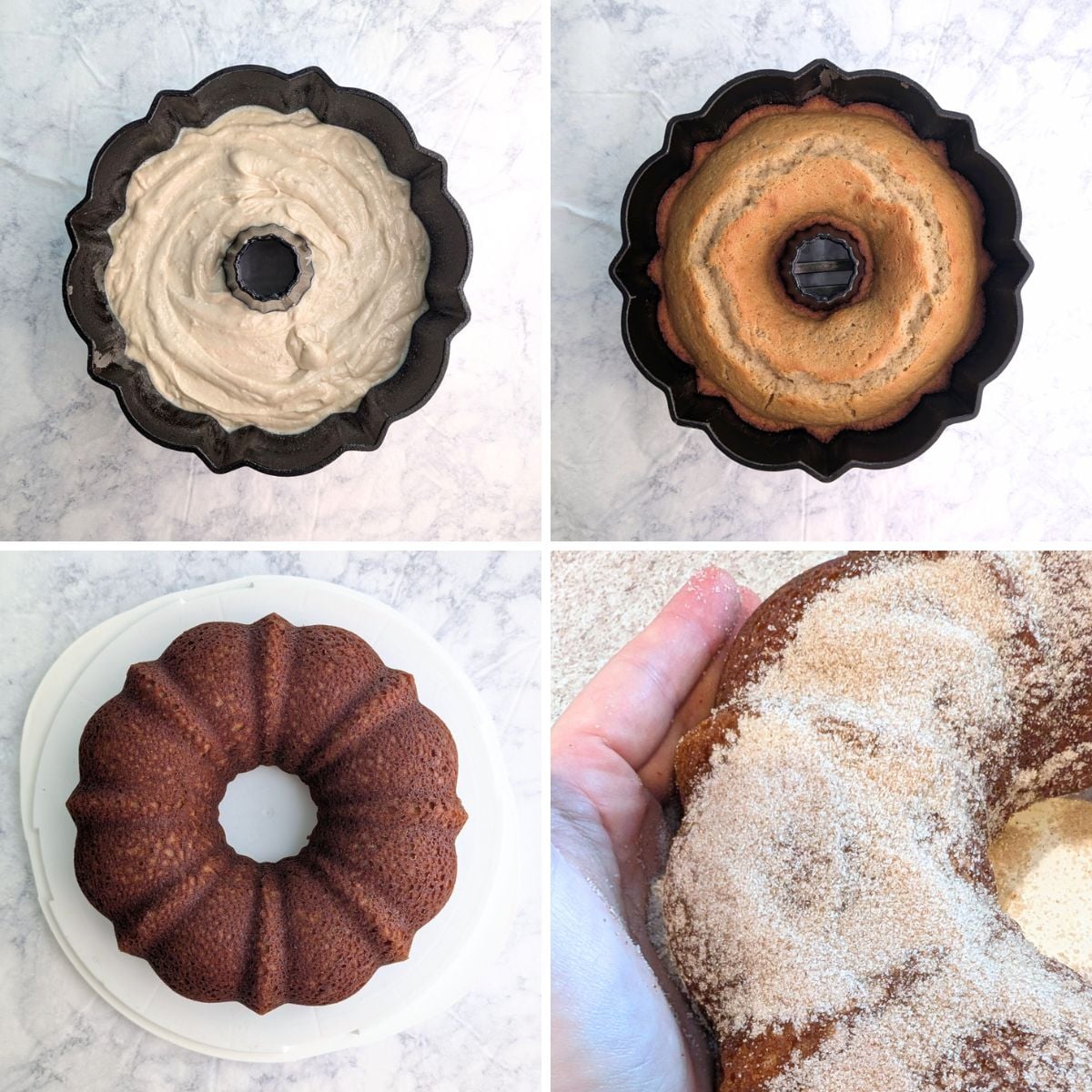 4-panel collage showing apple cider donut cake batter in a baking pan; the baked cake in the pan; the baked cake turned out; and a hand patting cinnamon sugar onto the cake.