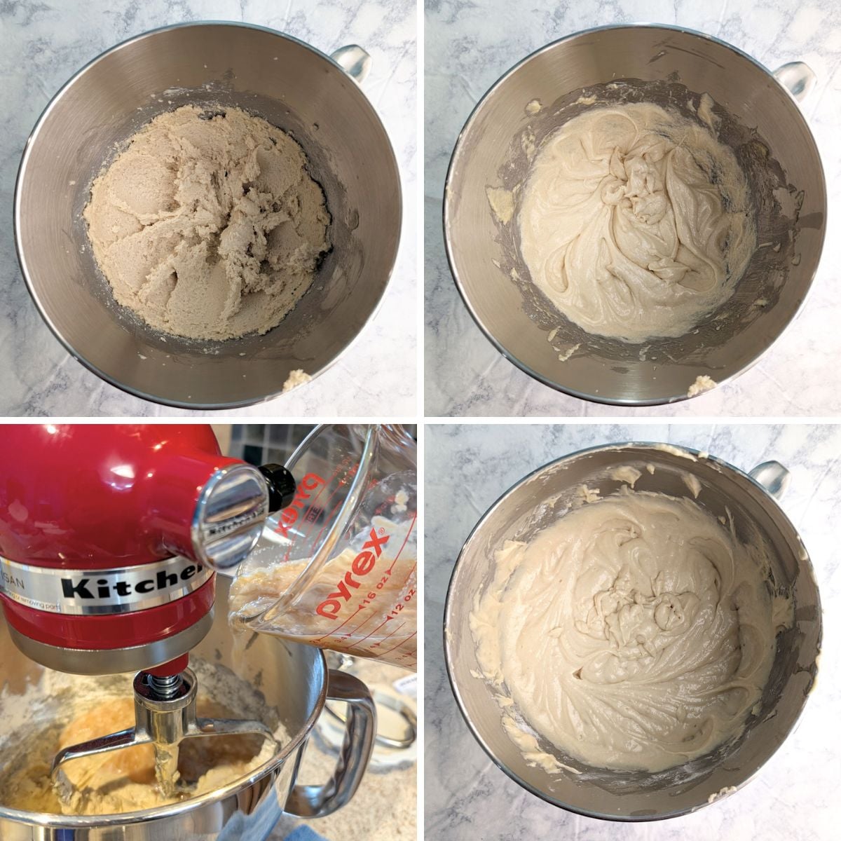 4-panel collage showing steps for making batter for apple cider donut cake.