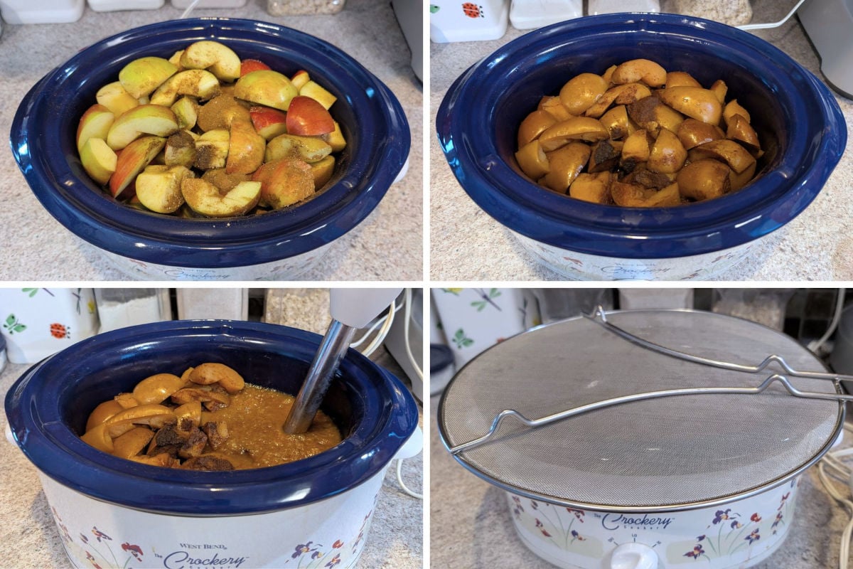 4-panel collage of making apple butter: apples, apple cider, and spices in slow cooker; apples after cooking; a partially pureed batch of cooked apples with an immersion blender in them; a mesh spatter guard covering the top of a slow cooker.