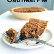 Bite of black bottom oatmeal pie on a fork, showing chocolate ganache topped with a chewy oat layer. Text overlay reads "Black Bottom Oatmeal Pie. Holiday Pie Idea. Easy As Cookies."