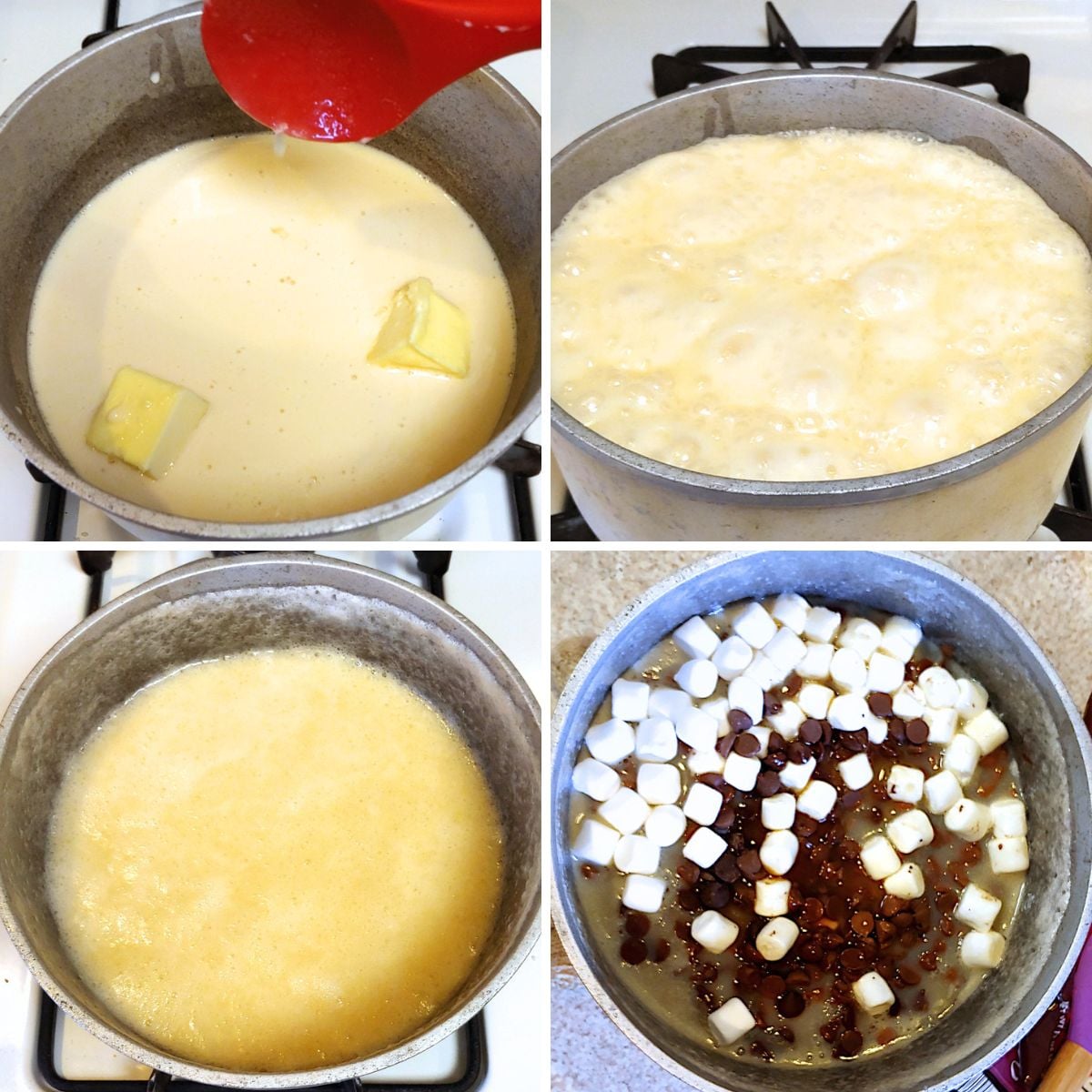 Photo collage of steps of making chocolate fudge with evaporated milk and marshmallows, including: combining ingredients in a 3 quart pot; mixture at a rolling boil; cooked mixture, deflated; and mixture with marshmallows and chocolate added.