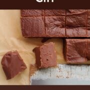 A slab of chocolate fudge cut into squares. Two squares are offset, and one is on its side to show texture. Text overlay reads "Chocolate Fudge Gift. Keeps for Weeks. Ships Well. Easy As Cookies."