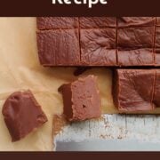 A slab of chocolate fudge cut into squares. Two squares are offset, and one is on its side to show texture. Text overlay reads "Chocolate Fudge Recipe. Evaporated Milk. Two Kinds of Chocolate. Easy As Cookies."