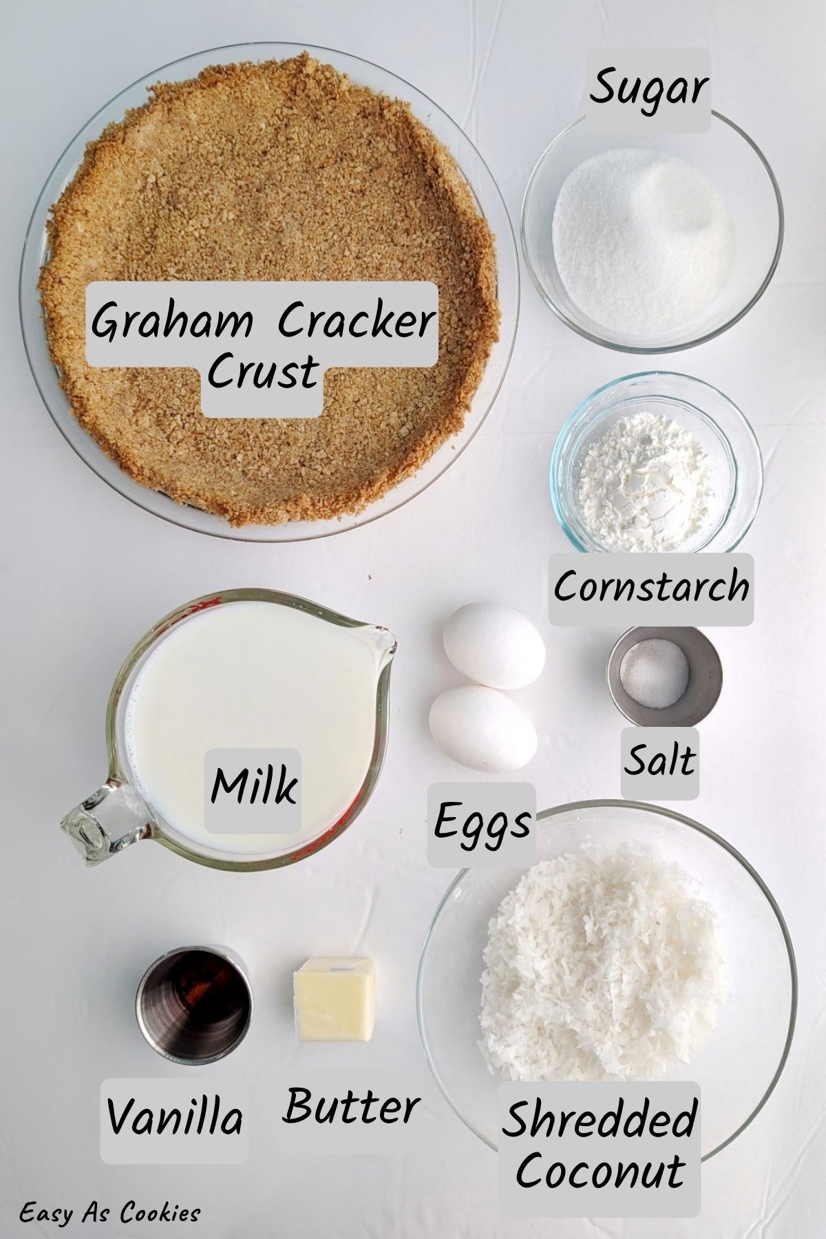 Labeled photo of ingredients for Coconut Cream Pie, including: graham cracker crust, sugar, milk, eggs, cornstarch, salt, vanilla, butter, and shredded coconut.