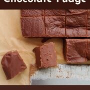 A slab of chocolate fudge cut into squares. Two squares are offset, and one is on its side to show texture. Text overlay reads "Creamy Chocolate Fudge. No Guesswork. Easy to Stir. Easy As Cookies."