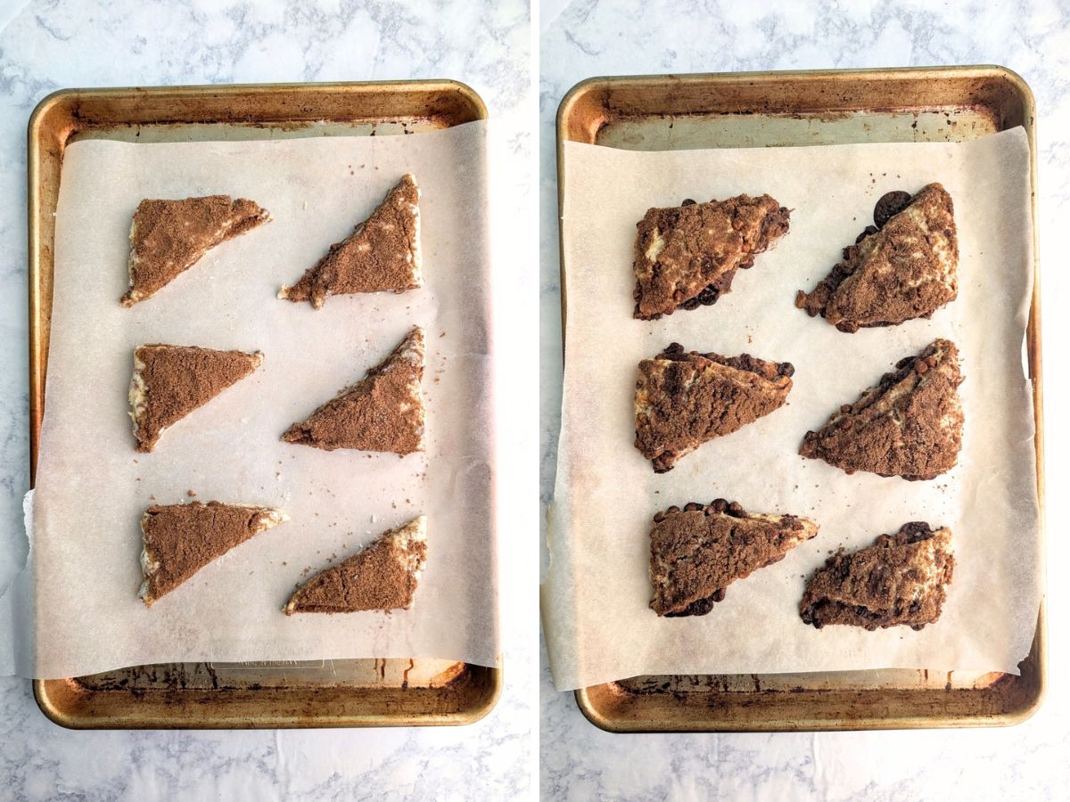 Layered cinnamon scones on a baking sheet, before and after baking.