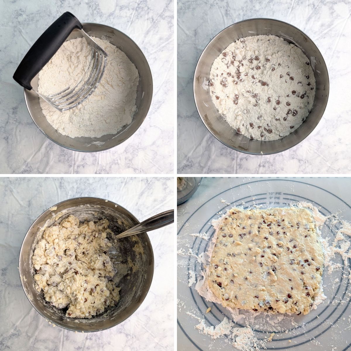 Steps for making dough for layered cinnamon scones, including cutting butter into flour, adding cinnamon chips, mixing the dough, and patting out the dough.